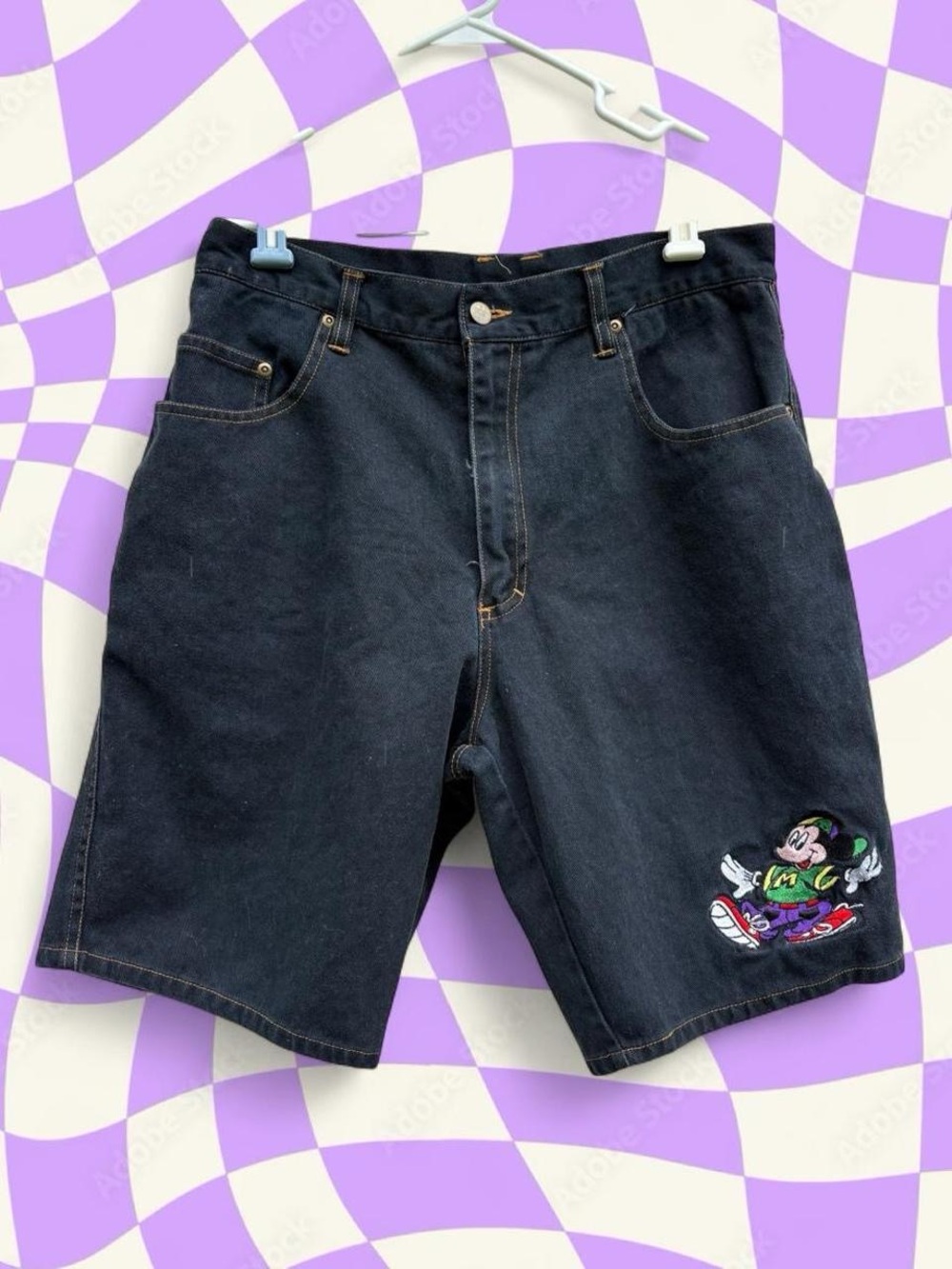 Disney Mickey Mouse Embroidered Jorts 90s Streetwear Dark Wash Denim